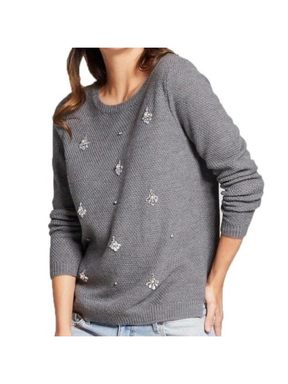 Alison Andrews Grey Jeweled Crew Neck Pullover Sweater Small NWT Gray Hi Lo NEW